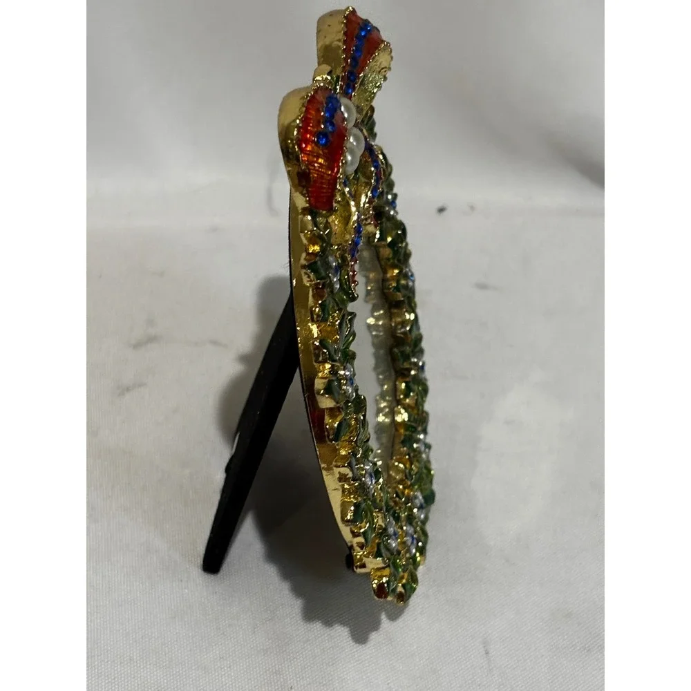 Christmas Wreath Picture Frame Enameled Rhinestone Pearl Holly Gold Tone 4.5in